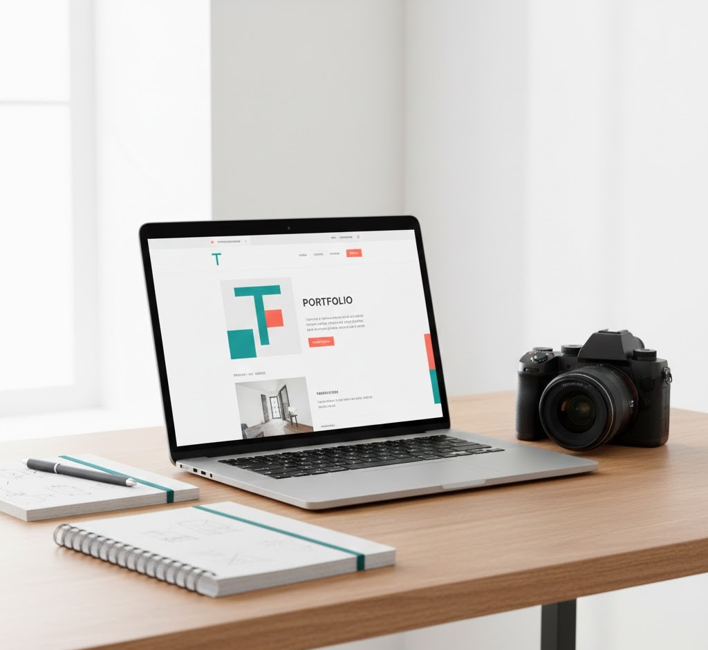 Modern desk setup with laptop displaying portfolio